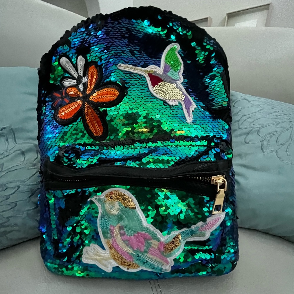 Brand New!! Sequin Backpack with Bird and Flower Patches